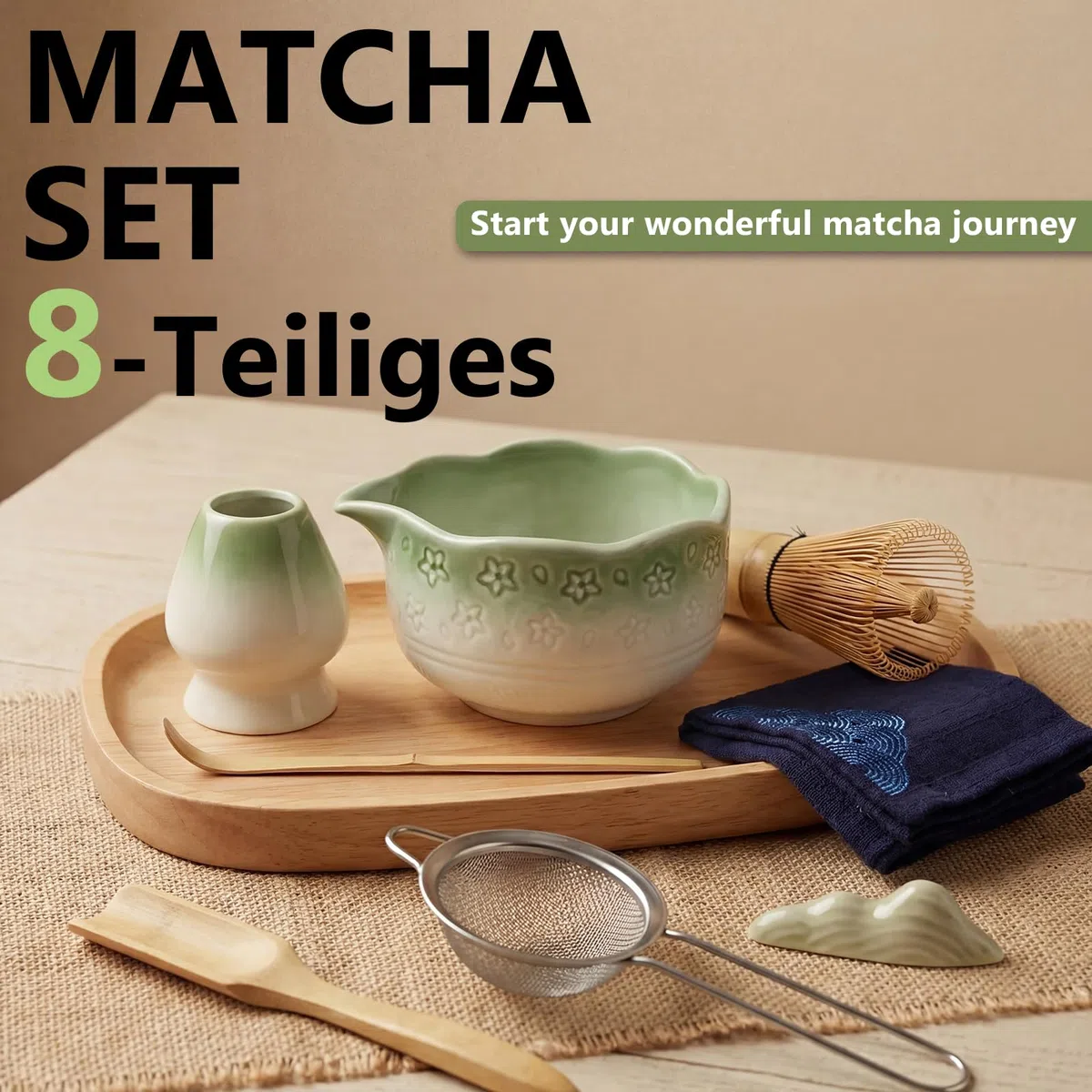 Matcha Kit 8 piezas, Kit Té Matcha Con diseño de sakura, Cuenco Matcha, Batidor Matcha, Cuchara, Tamiz, Soporte para Batidor, Kit Matcha Completo Regalo para Amantes el Matcha(Gradiente Verde)