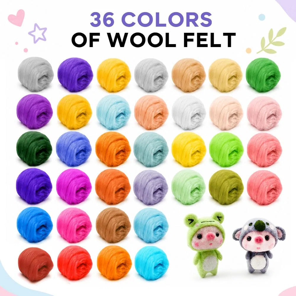 36 Colores Fieltro de Lana para Manualidades 108 G,Lana Cardada Natural, Kit de Fieltro de Aguja,Fieltros Seco y Húmedo,Lanas Fieltros Tejer Principiantes,Fieltroes Hechos a Mano para Niños, DIY