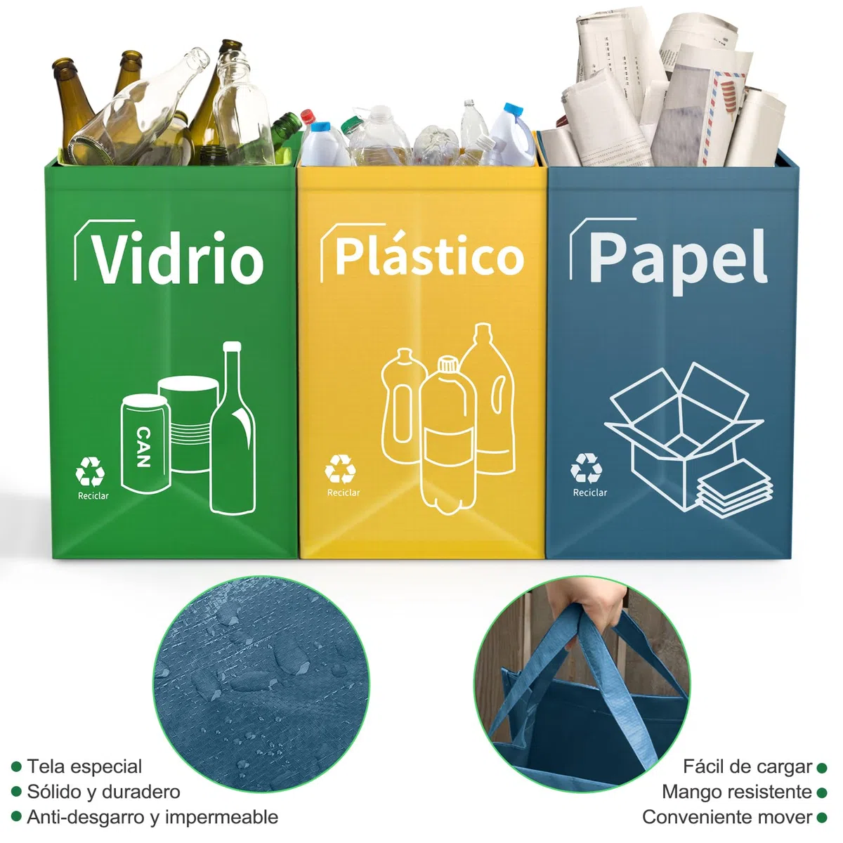 Opret Cubos de Basura Reciclaje 3 Piezas 40L con Asas para Papelera Vidrio Plástico Cocina