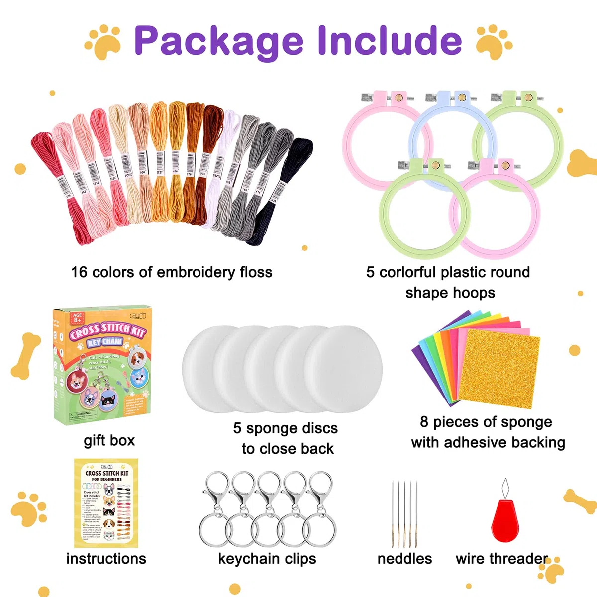 Caydo Juego de 5 kits de punto de cruz para niños con estampado de gatos y perros, para principiantes, llaveros para mochila, adornos para manualidades