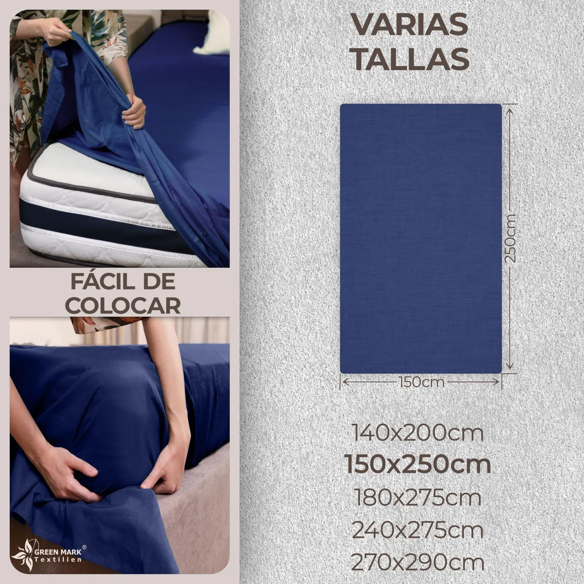 GREEN MARK Textilien sábana Plana 100% algodón – Sábana clásica sin elástico, Suave para la Piel, fácil de cuidar, Lavable a Alta Temperatura – Azul Marino – 150x250 cm