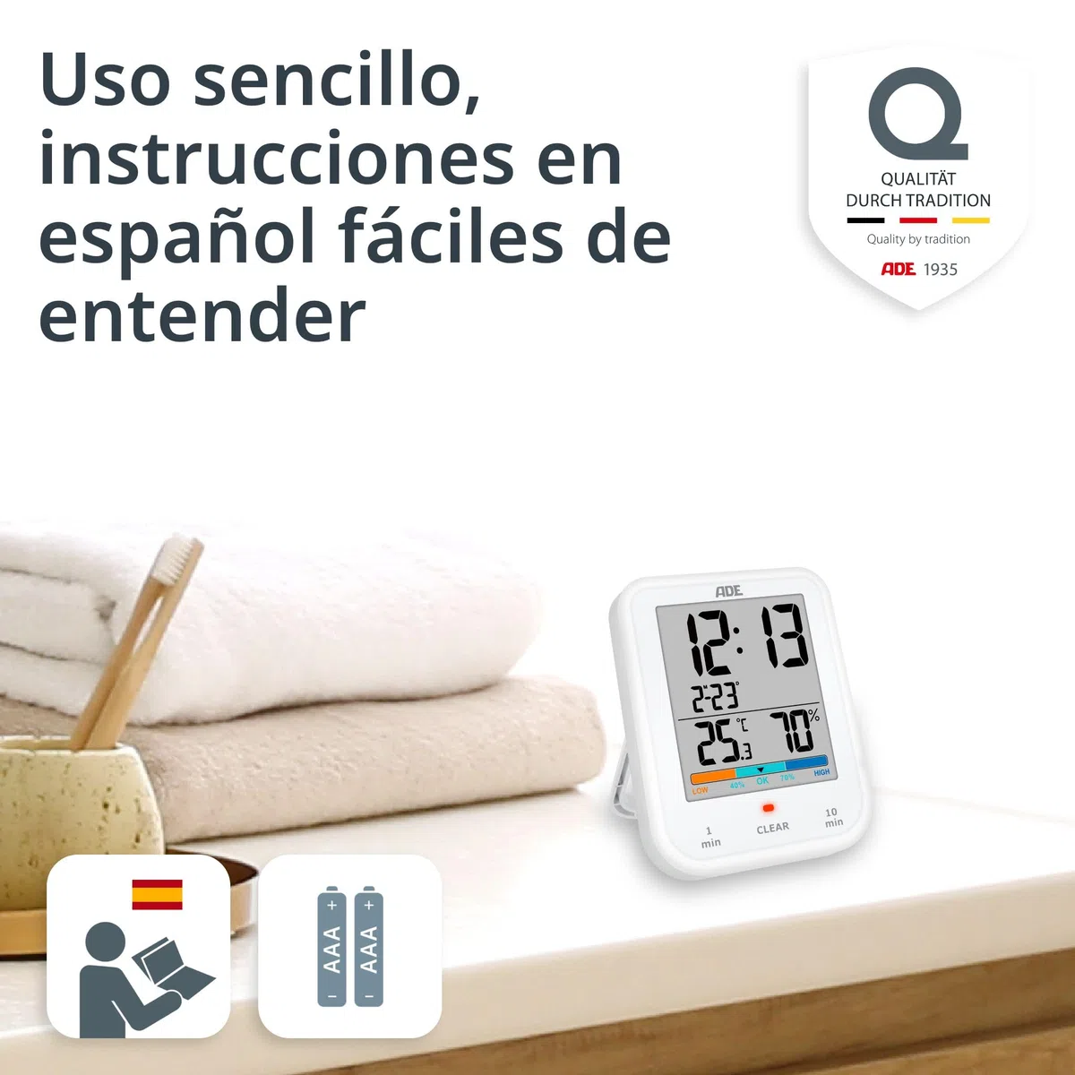 ADE Reloj de baño Digital con higrómetro y termómetro | Resistente al Agua IP65 | Temporizador de Ducha | Gran Pantalla LCD | función de Cuenta atrás