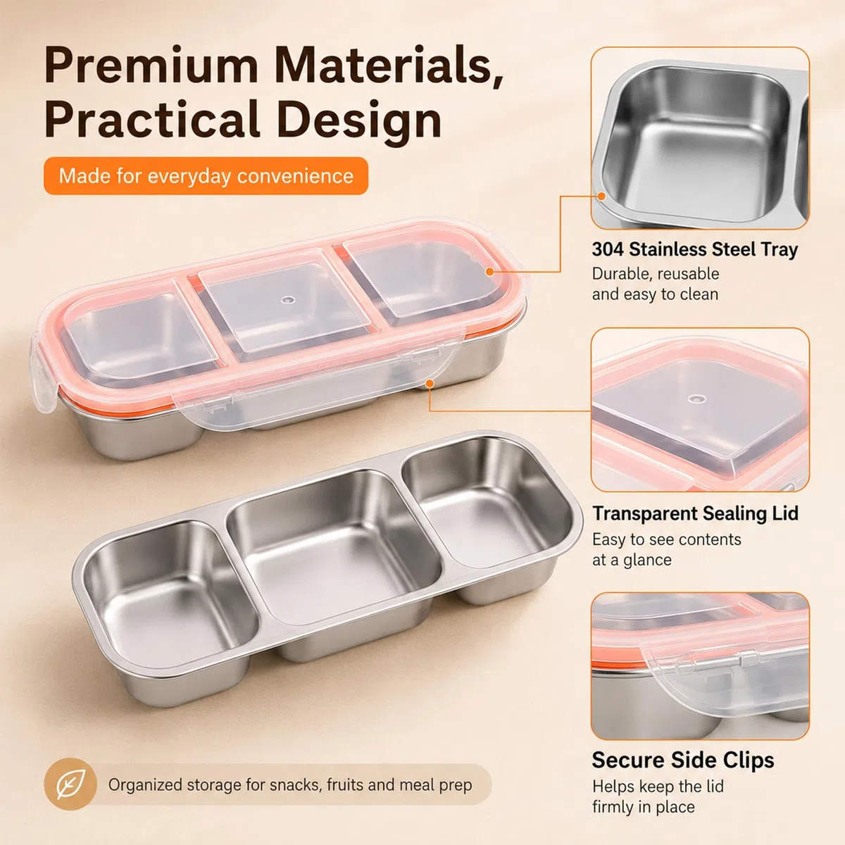 Pack de 2 cajas para snacks con 3 compartimentos, inox 600 ml, tapa antifugas, apta lavavajillas. Para niños, colegio, oficina, camping, fruta, ensalada, aperitivos