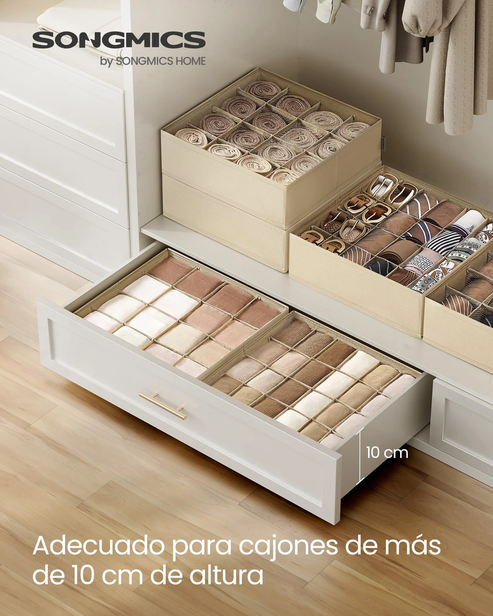 SONGMICS Juego de 4 Organizadores de Cajones, 80 Compartimentos, Cajas Plegables, 30x30x10 cm, Beige Arena