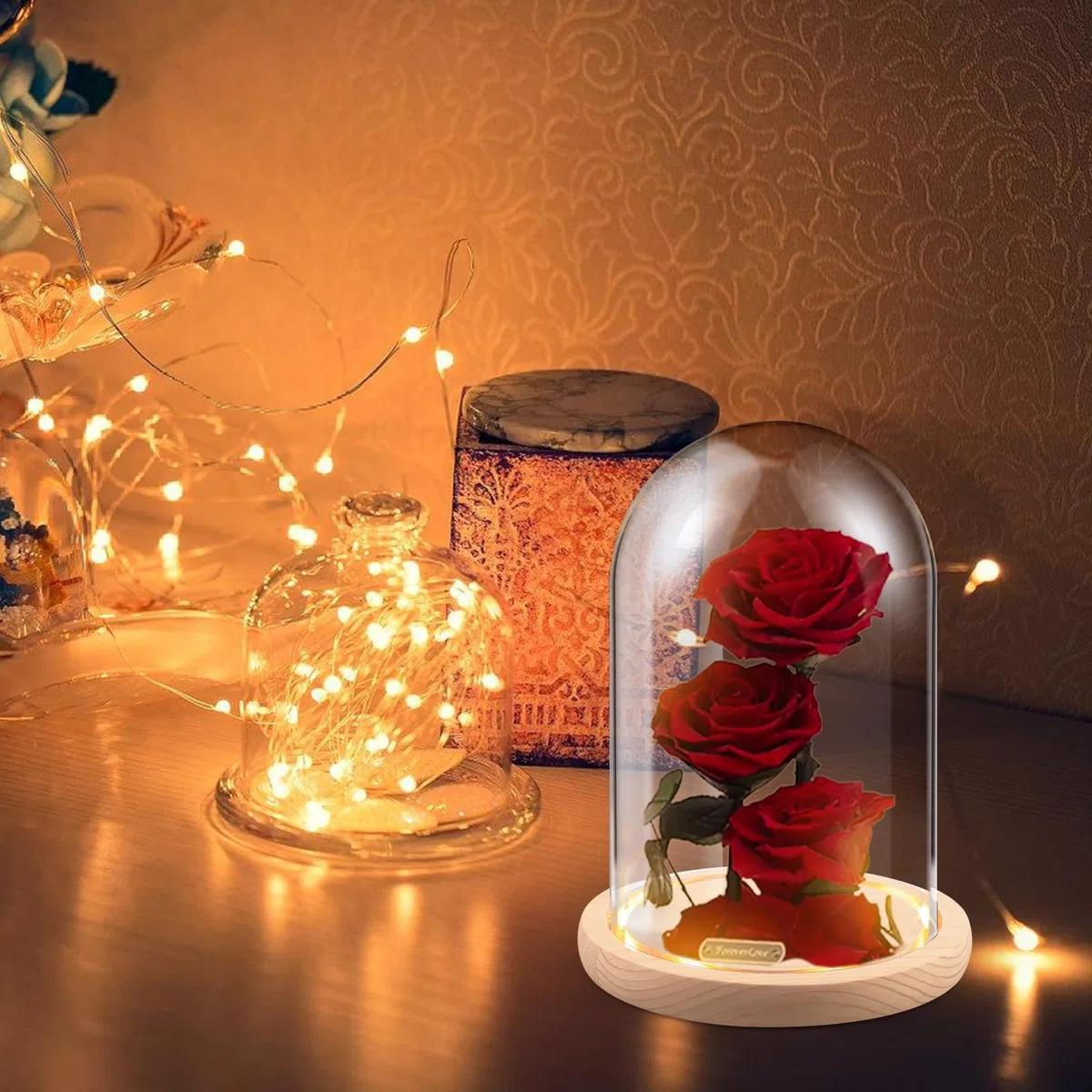 BORDEAG Campana de cristal con suelo de madera, campana de cristal decorativa con base de madera, cúpula de cristal con base de madera natural, cúpula de cristal decorativa alta, cúpula de cristal