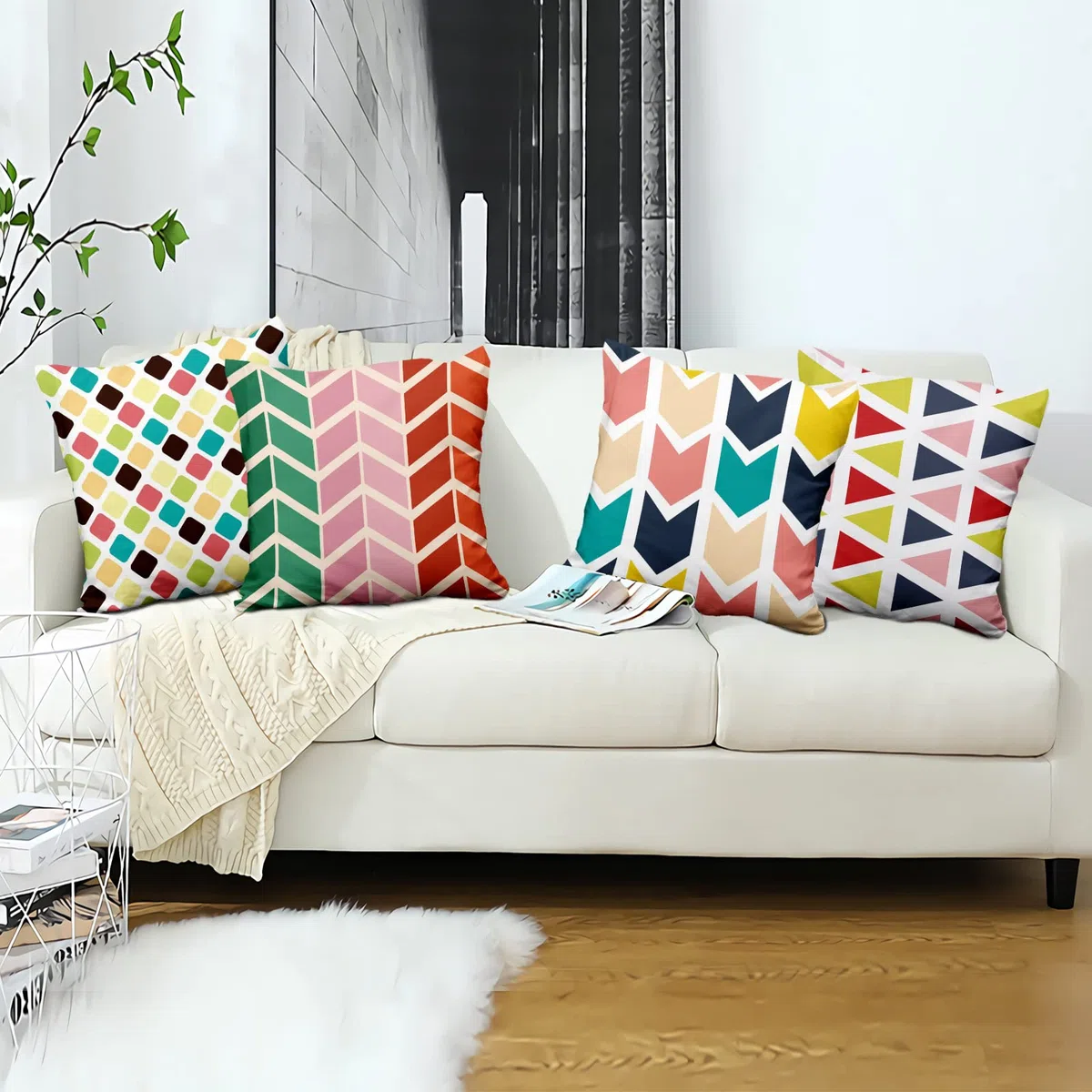 Aoihrraan 40x40cm Juego de 4 Fundas de Cojin Vistoso Flecha Geométrico Patrón Cuadrado Decorativo Corto De Felpa Suave Funda De Almohada Dormitorio Exterior Jardín Canapé Balcón Silla Patio Sofá