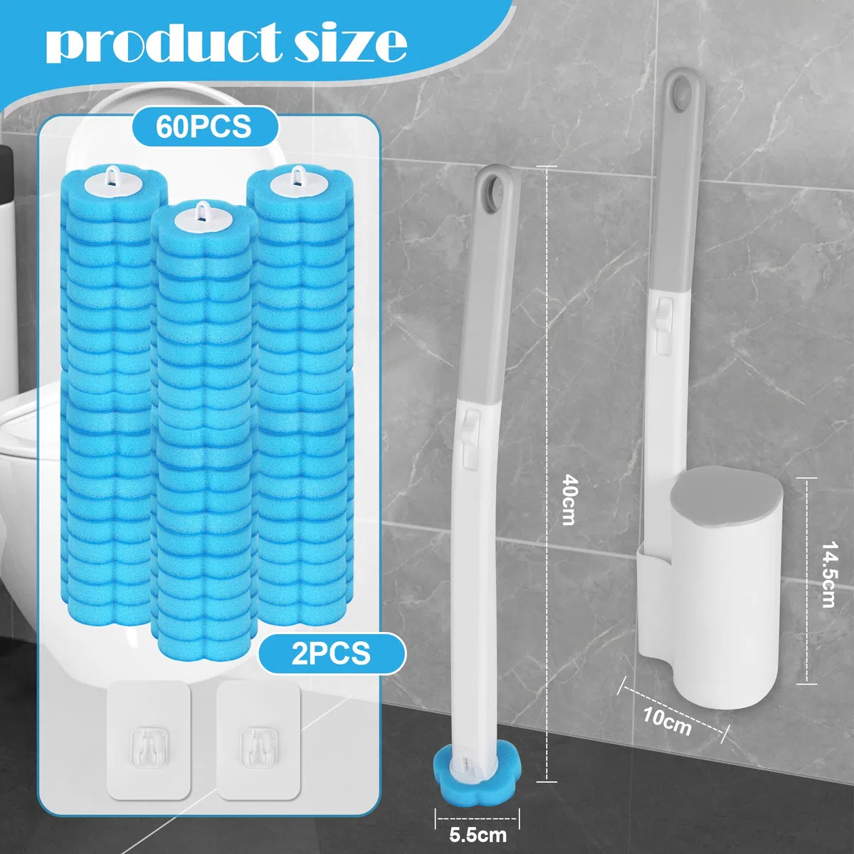 Escobillas de baño Desechables, Mangos Dobles extendidos y Soportes Dobles, Contiene 60 Cabezales de Cepillo detergente Desechables. escobilla WC para inodoros, bañeras, lavabos (Azul)