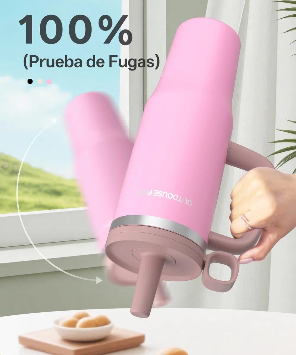 1200ml Taza Térmica - Vaso Térmico con Asa y Pajita - Termo Café sin BPA 1.2L - Taza para Beber Caliente y Frío - Rosa