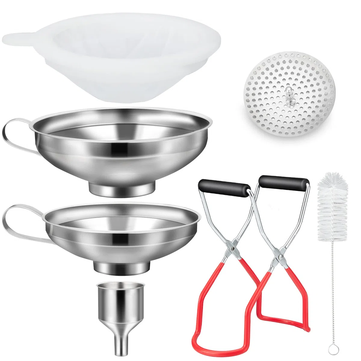 HAUSPROFI Set de embudo de acero inoxidable de 7 piezas con tarros de envasado, elevador y filtro - 3 tamaños de set de embudo de cocina para mermelada, envasado, aceite, especias - Apto para