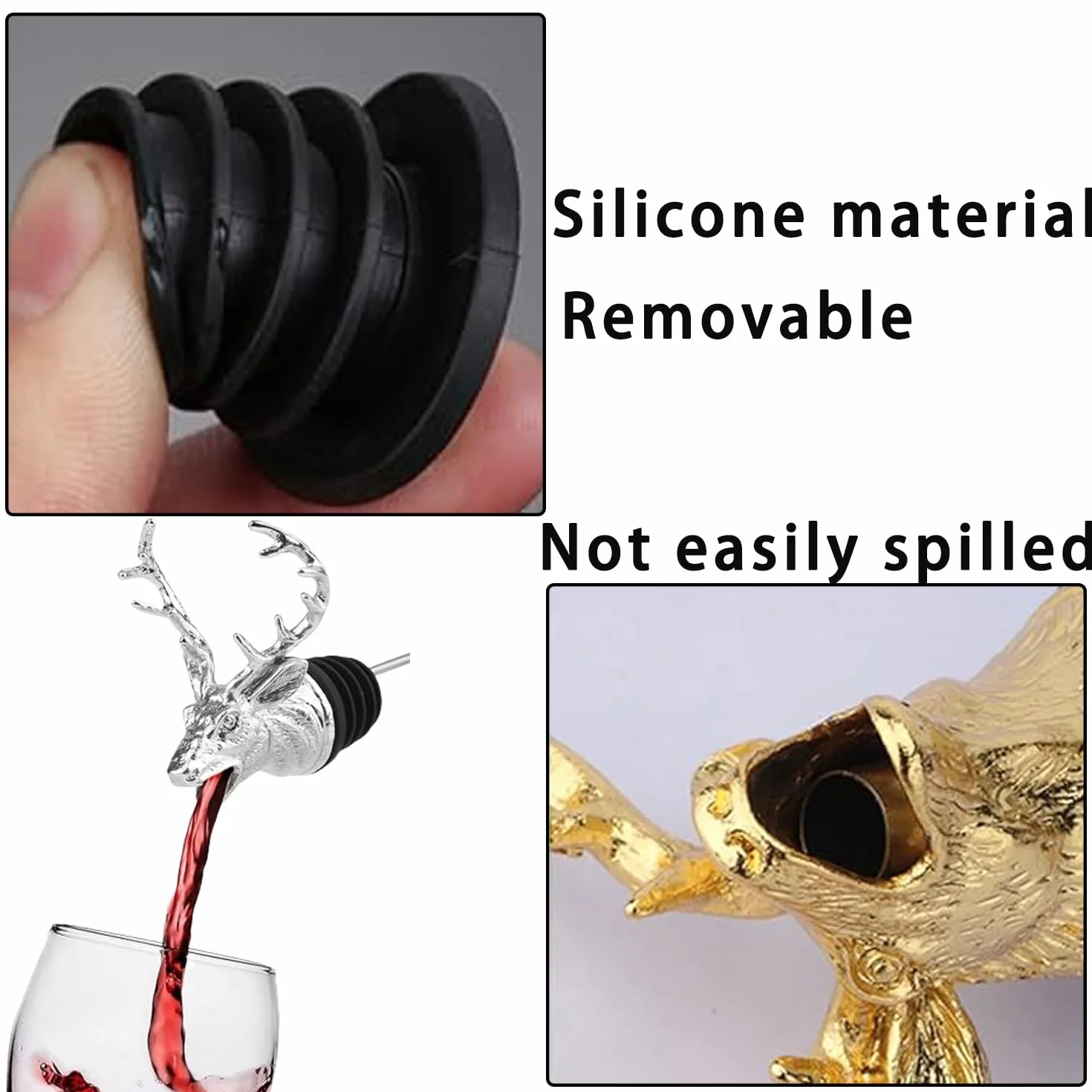 Juego de 2 Vertedores de Alcohol, Vertedor Botellas de Vino Ciervo Metal, Creativo Tapones Decorativos Para Botellas de Vino, Herramientas Del Vino, Pitorro Para Botella de Aceite (Oro y Plata)