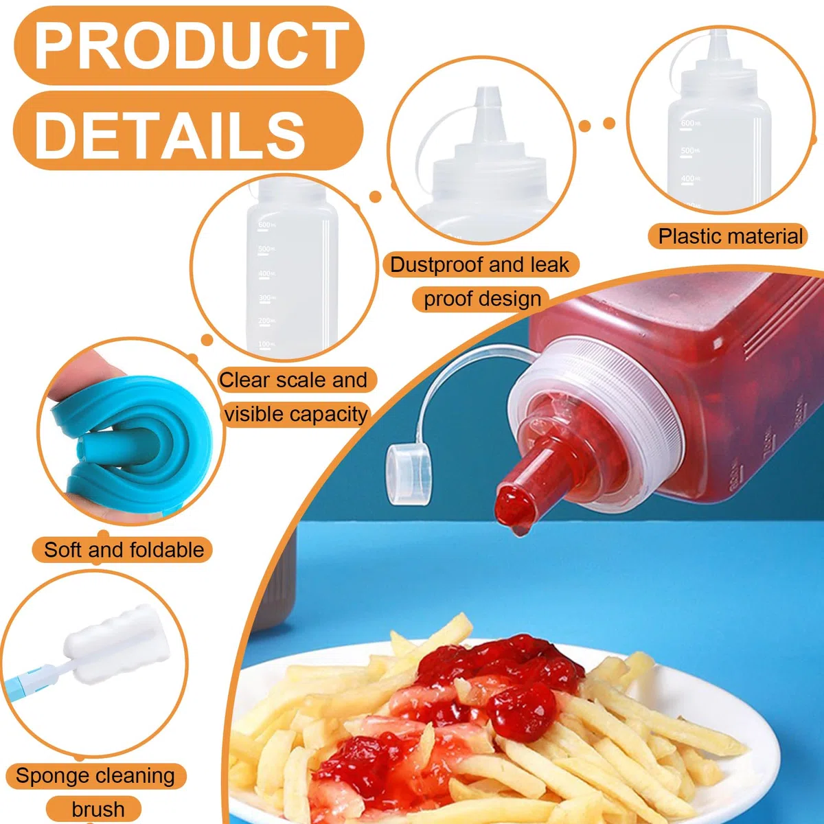4 Piezas Squeeze Bottle de 600ML Condimento de Plástico Botella Exprimible con Embudo y Cepillo de Taza Dispensador de Salsas Ninguna Fuga para Condimentos Salsa Tomate Mostaza Mayonesa Salsa