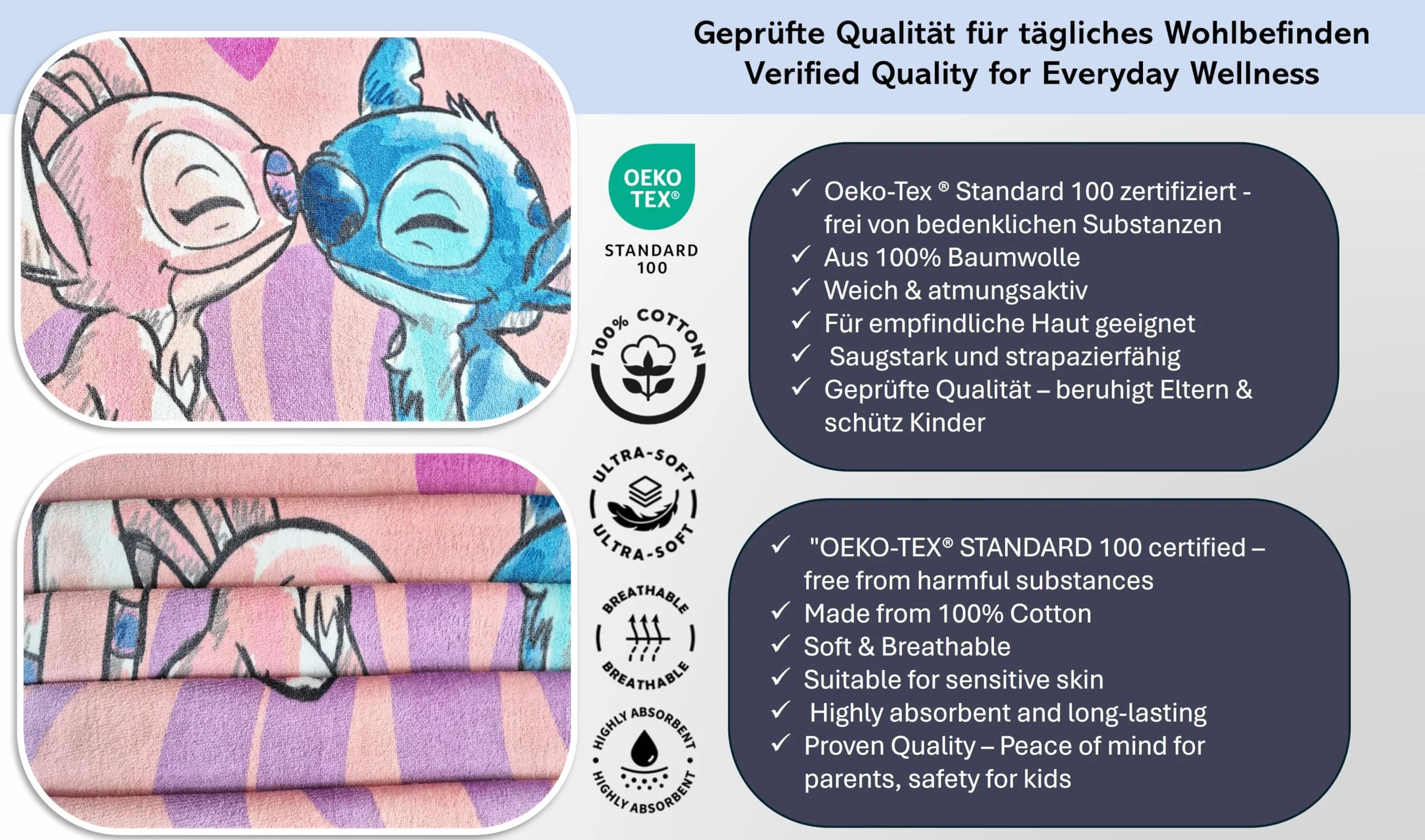 Theonoi Disney Lilo y Stitch, toalla de baño para niños, 70 x 140 cm, 100% algodón, para niñas – Standard Öko Tex