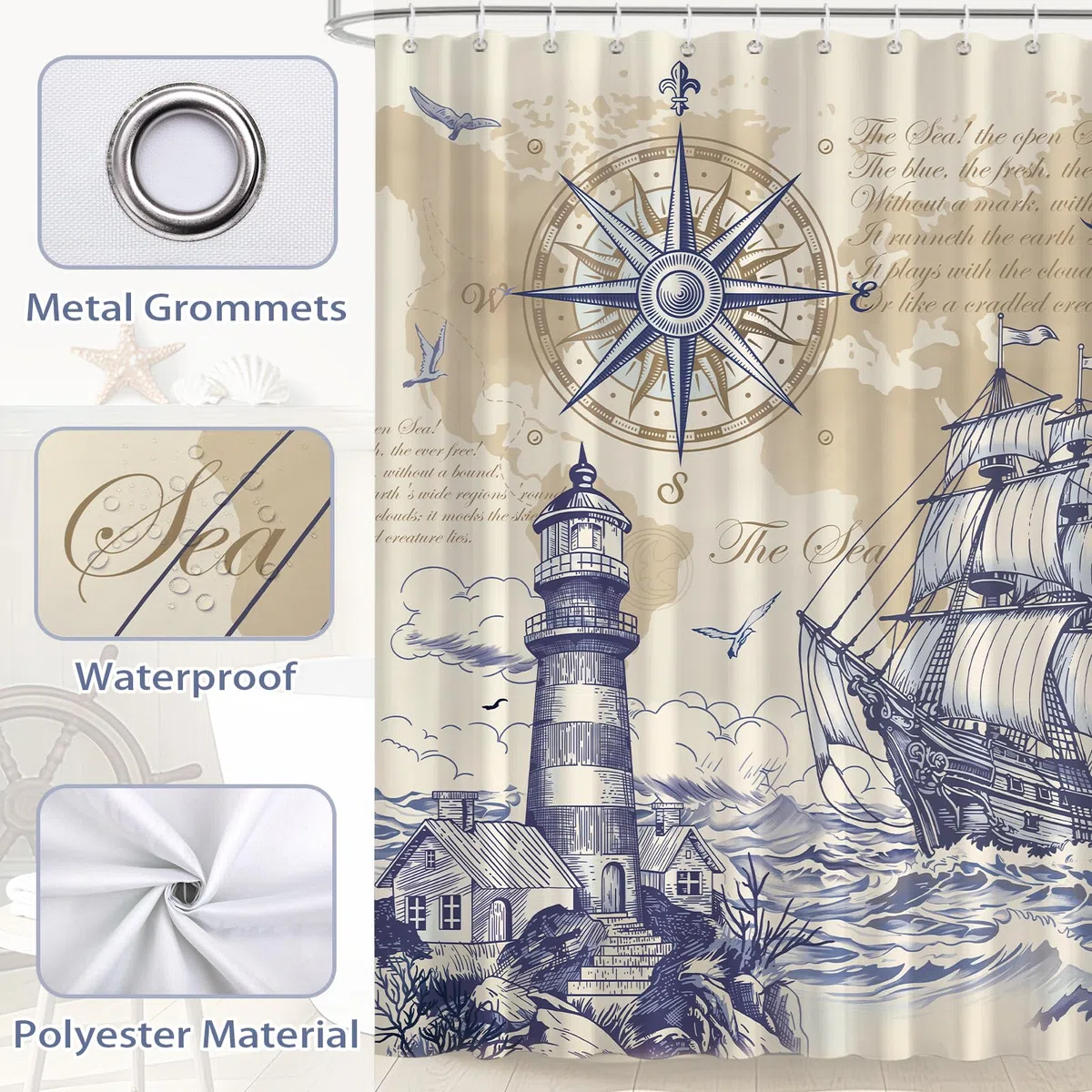 Retro Náutico Cortina de Ducha 180x200 cm Velero Faro Ancla Brújula Gaviota Costa Olas Impermeable Poliéster Azul Cortina Bañera con 12 Ganchos Lavable a Máquina para Baño Bañera