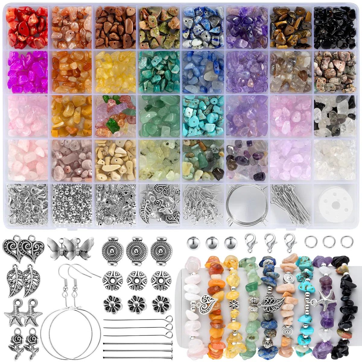Funtopia Kit de cuentas de cristal de 32 colores para hacer joyas, 1200 piezas de cuentas de piedras preciosas naturales para adultos, 5-8 mm, cristales irregulares y chips