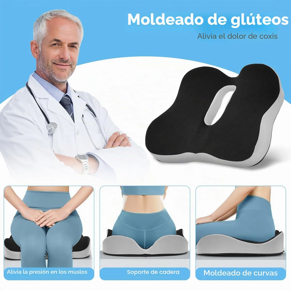 Cojín de asiento de espuma viscoelástica, cojín ergonómico para el dolor de coxis y alivio de la ciática, cojín de alivio de presión de hemorroides, cojines de asiento de coche para conducir