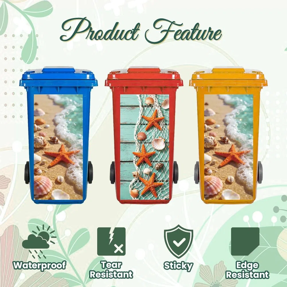Peacoblue 2 hojas de calcomanías adhesivas para cubo de basura con diseño de estrella de mar y conchas marinas, 15 x 32 pulgadas, impermeables, grandes envolturas para contenedores, nevera, pared al