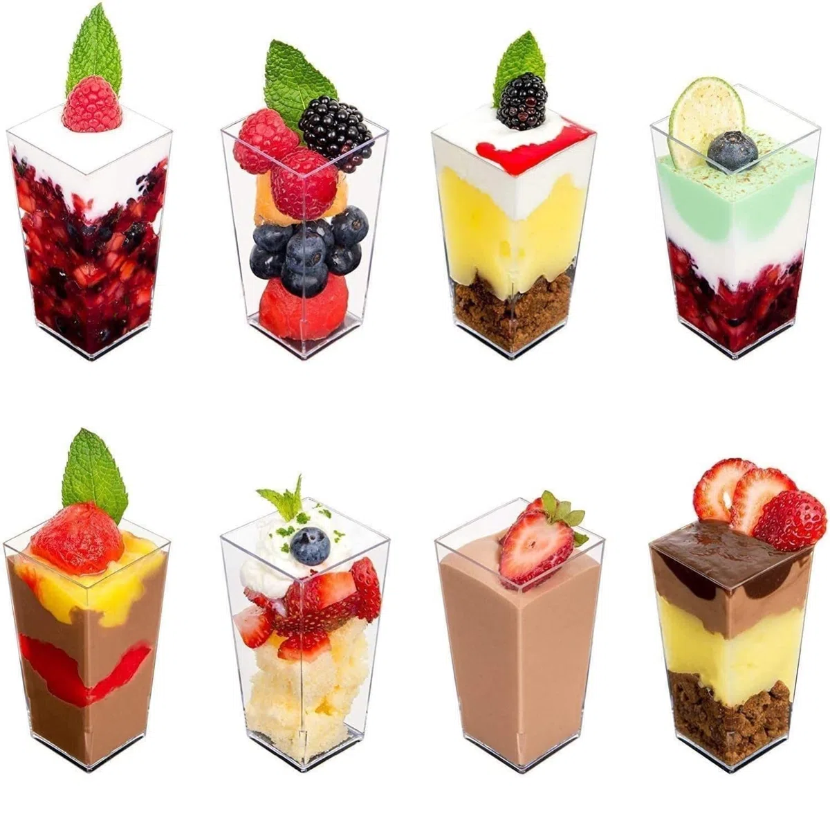 KAHEIGN 60 Piezas Mini Tazas de Postre, 90ml Vasos de Postre Altos Cuadrados de Plástico Copa de Aperitivo de Parfait Transparente Tazón para Servir Reutilizable para Mousse Pudín (3,8 x 8,3cm)