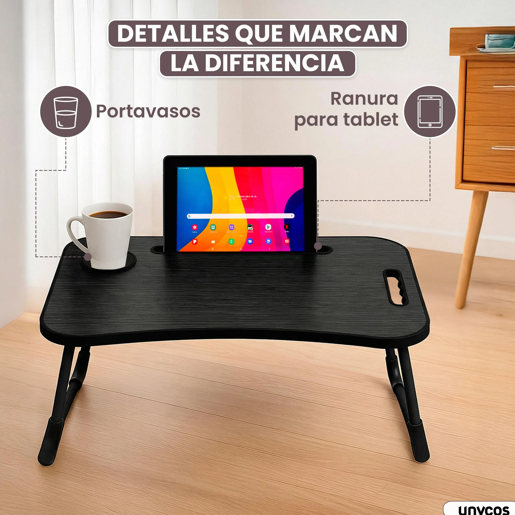 unycos - Bandeja para Cama, Mesa Plegable de Desayuno, Multiusos, Ideal para Portátil, Ordenador y Libros, Ergonómica, Mesa Auxiliar con Atril para Leer en la Cama 60x40x26 cm (Negro/Gris sin Cajón)