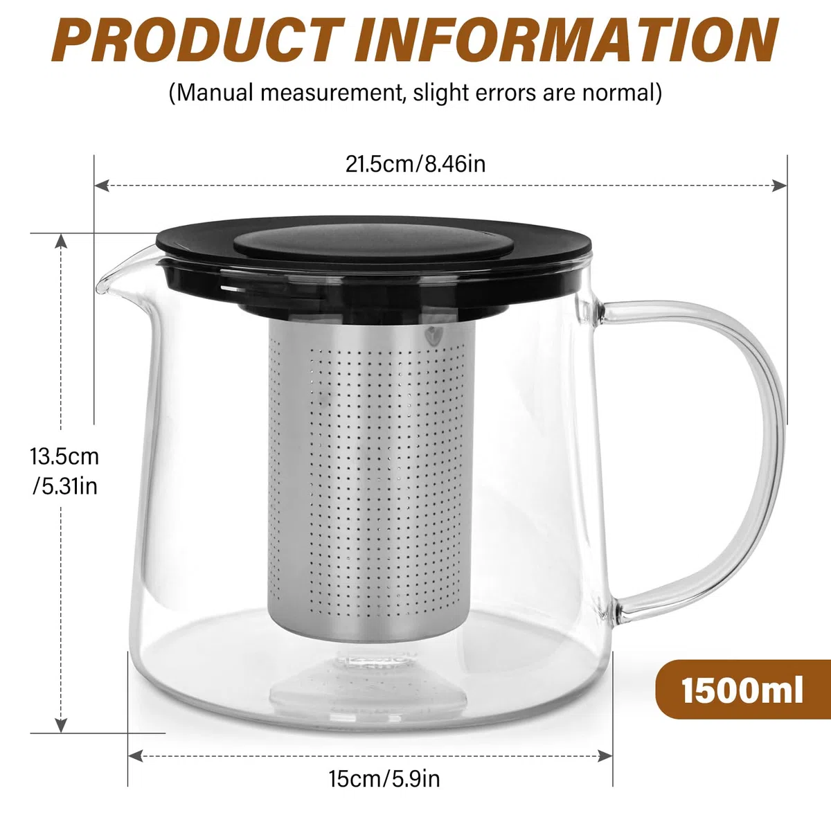 Tetera, 1,5 L, tetera de vidrio borosilicato, tetera de cristal, jarra de cristal con colador de acero inoxidable, protección contra sobrecalentamiento, jarra de cristal con tapa para té suelto, té de