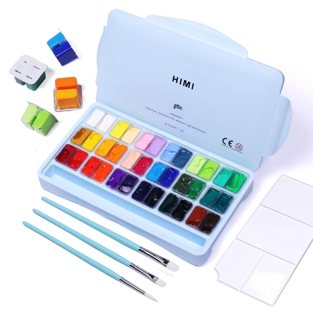 ARTFLY HIMI - Juego de pintura gouache, 36 colores x 12 ml, diseño de taza de gelatina doble con 3 pinceles de pintura y una paleta en una funda de transporte, perfecto para artistas, estudiantes