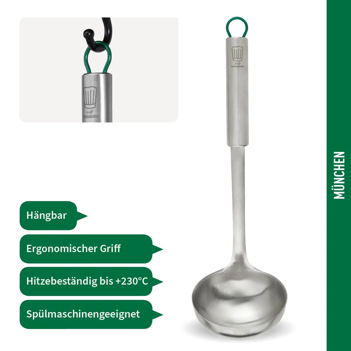 Chefkoch trifft Fackelmann – Cucharón prémium de acero inoxidable, 31 cm, apto para lavavajillas, mango ergonómico, ideal para sopas y guisos