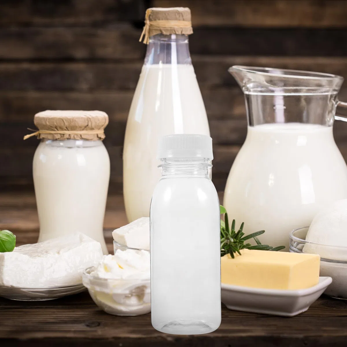 Housoutil Botellas de plástico para jugos de frutas, 200 ml, botellas de leche de plástico, 10 unidades, reutilizables vacías, contenedores transparentes para jugos, leche y otras bebidas