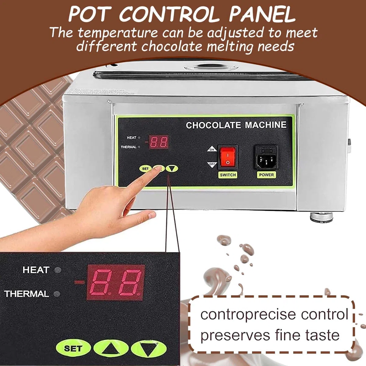 Horno de fusión de chocolate de acero inoxidable con rueda mezcladora y tanques extraíbles para cafeterías y chocolaterías, ideal para fundir y mezclar chocolates