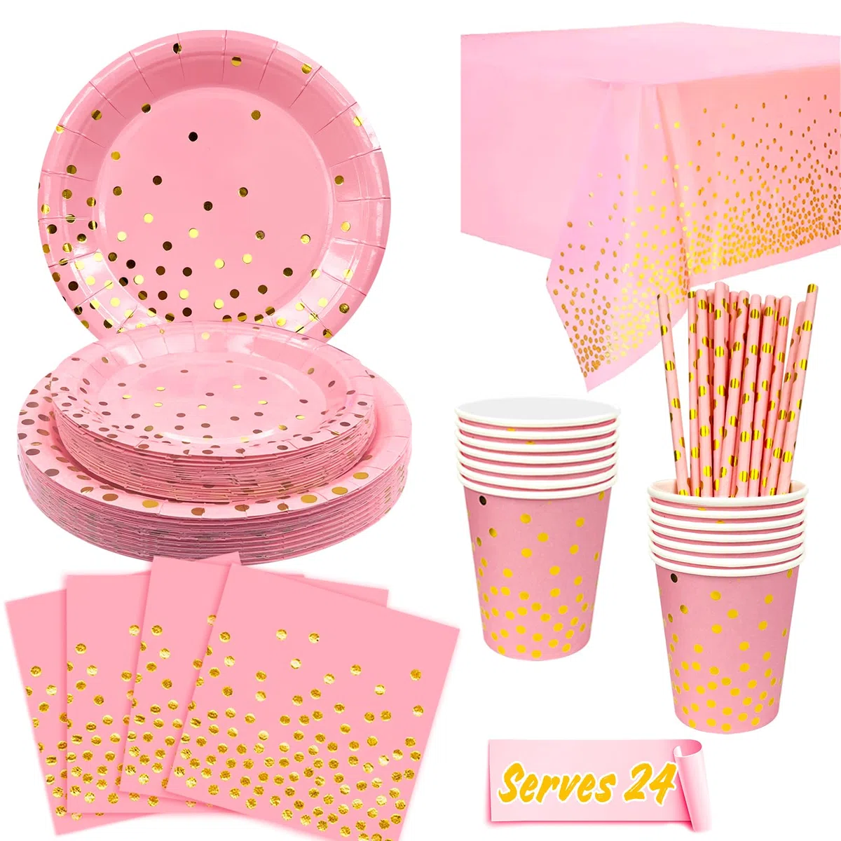 24 Invitados Vajilla de Fiesta Rosa-Juego de Cumpleaños Cubiertos de Fiesta Rosa Incluye Puntos Dorados Platos Vasos Servilletas Mantel para Cumpleaños,Compromiso,Baby Shower