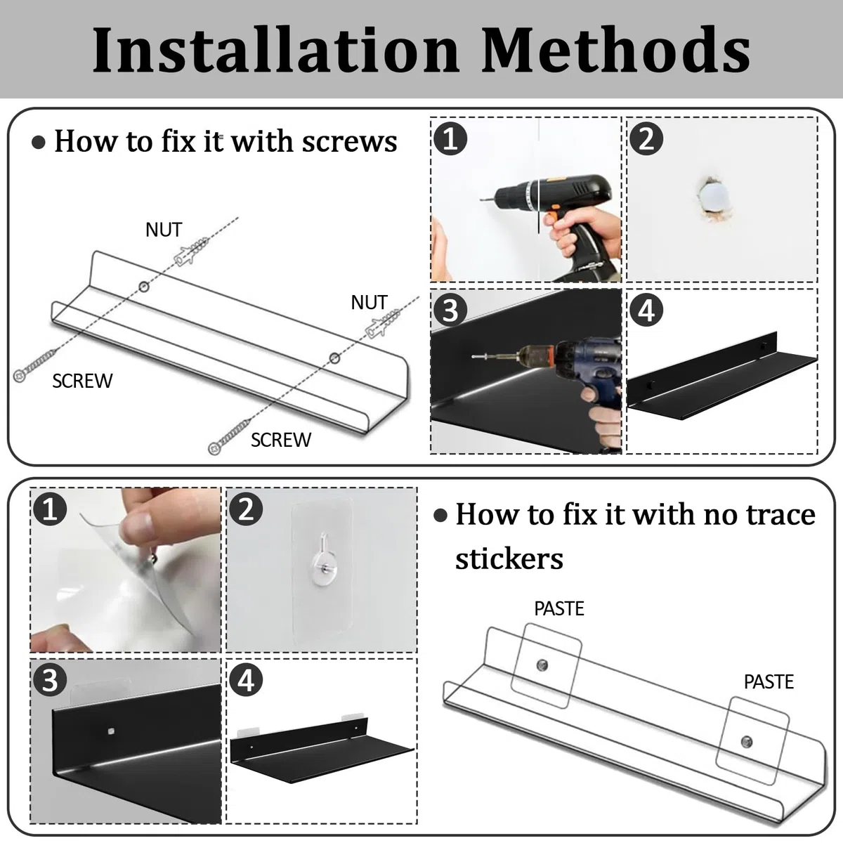 2 Piezas Estanterias Pared de Alluminio, Baldas Pared sin Agujeros, Baldas Flotantes Pareds Modernidad Estante de Pareds Flotante para Baño, Sala de Estar, Dormitorio, Cocina, Oficina (Negro, 40CM）