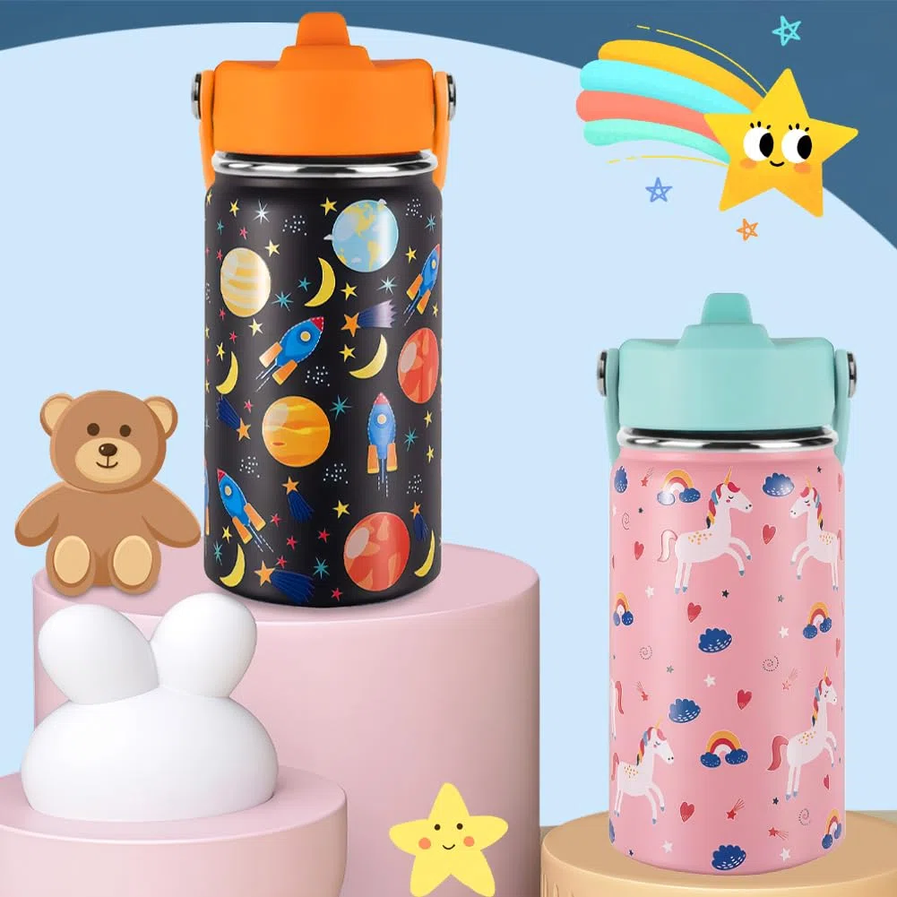 Botella de Agua para Niños de Acero Inoxidable 350ml, Botella de Agua Aislada, Botella Termica con Pajita, Reutilizable, Sin BPA, Sin Fugas, Asa de Transporte（Modelo Espacial）