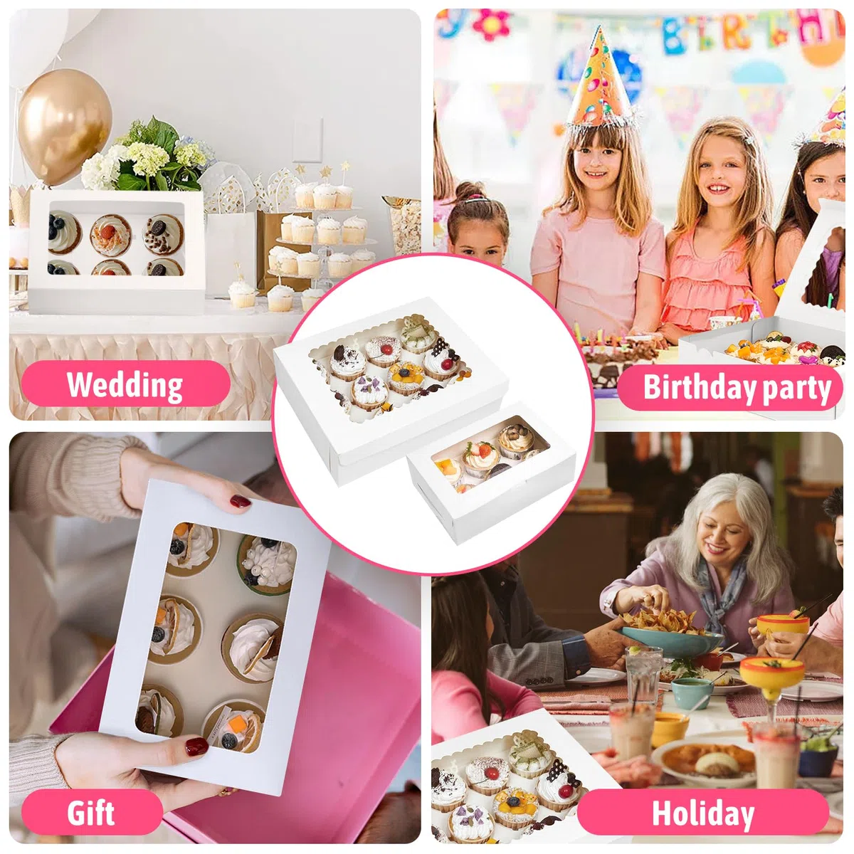 Paquete de 18 Cajas Para Cupcakes,Cajas para Magdalenas Ventana Transparente con cuerda y cinta,para Guardar/Transportar Galletas Magdalenas Cupcakes Postres Tartas