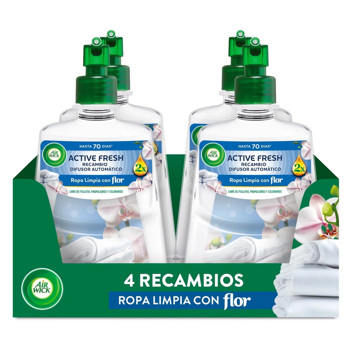 Air Wick Active Fresh Spray Automatico Sin Aerosol - Ambientador para casa con aroma a Ropa Limpia con Flor - Pack de 4 Recambios (228mlx4)