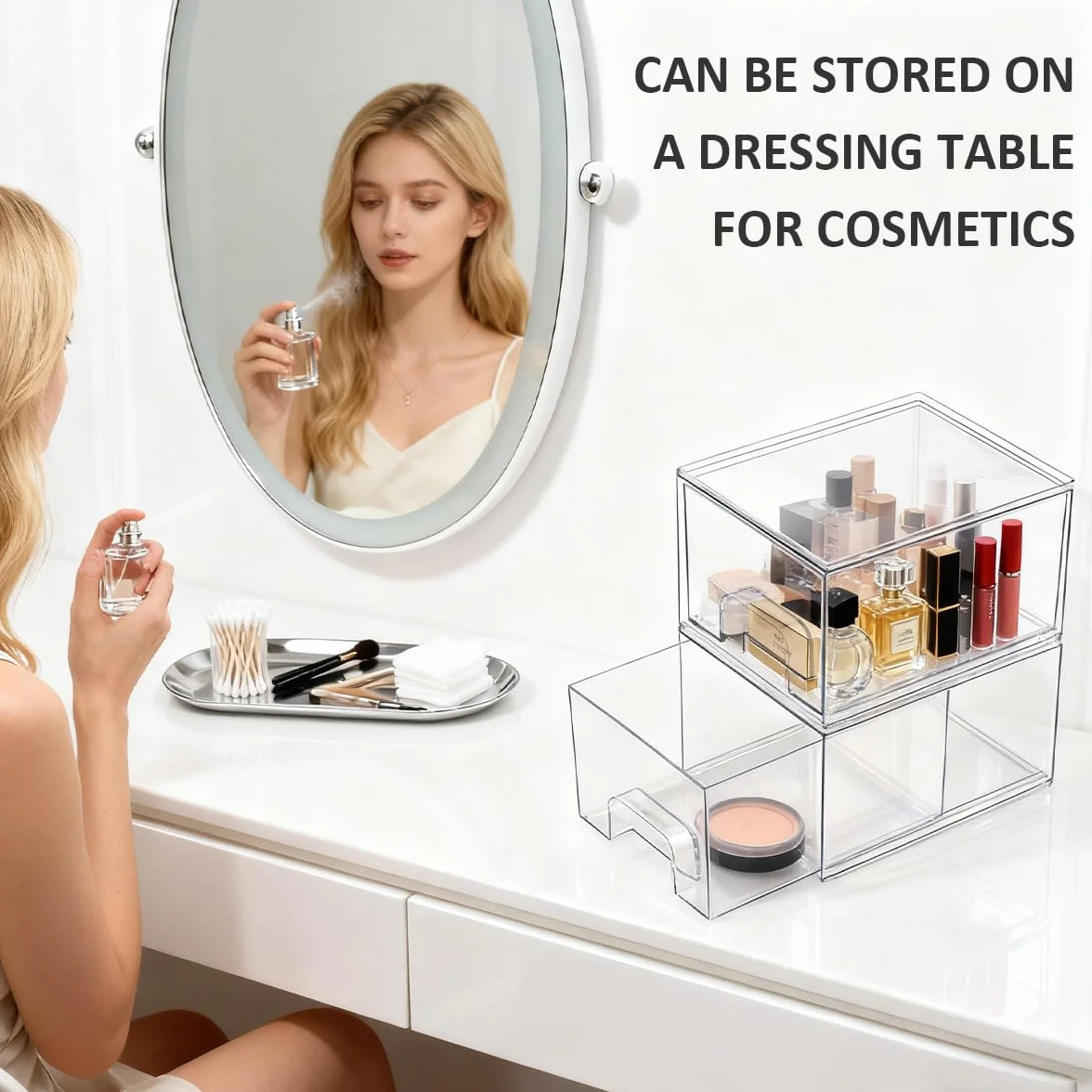 2 Cajones Almacenaje Plastico Apilables Transparentes Organizador Maquillaje Cajonera Tocador Baño Armario