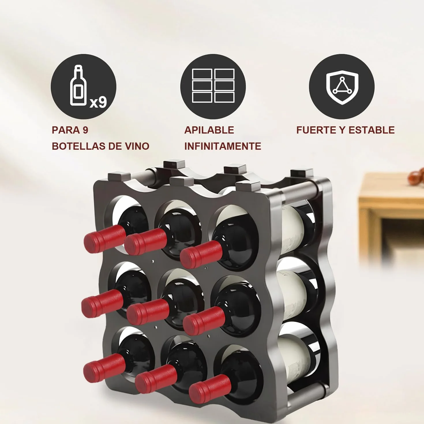 Soporte para Botellero Modular de Plástico Apilable para 9 Botellas, Estanterías para Botellas de Vino, Estante de Almacenamiento para Exhibición de Vinos, Ideal para Hogar, Bar y Bodegas