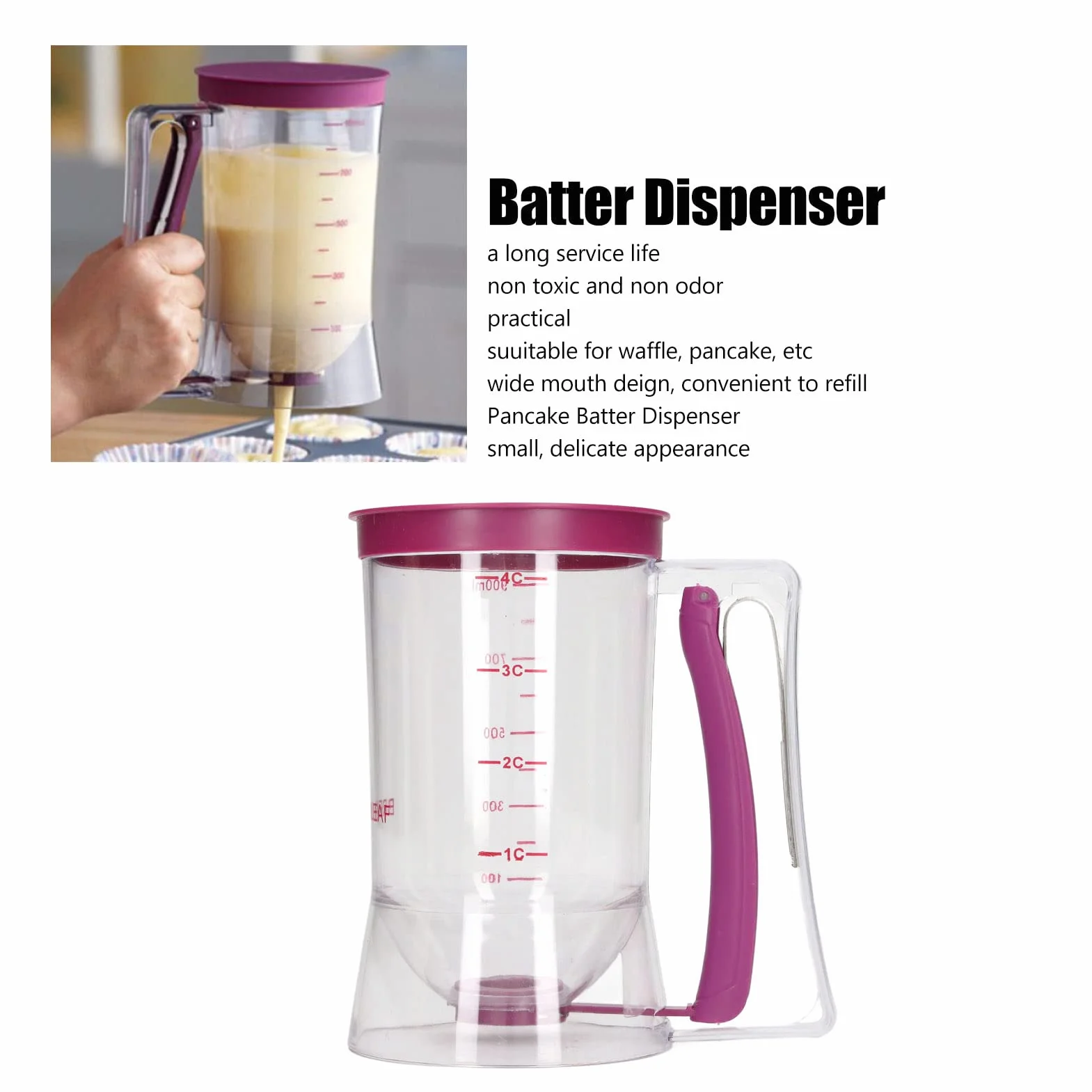 Cuchara para Masa Vesaneae con Tapa y báscula - Dispensador de Masa para Pasteles de 900 ml Dispensador de Masa para gofres Separador de Masa para panqueques para Magdalenas Panqueques
