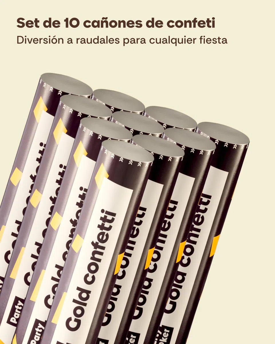 10 Cañones de Confeti Dorado - Fáciles y Seguros de Usar - Chorro de Confeti de 5 a 8 Metros - Para Interiores y Exteriores