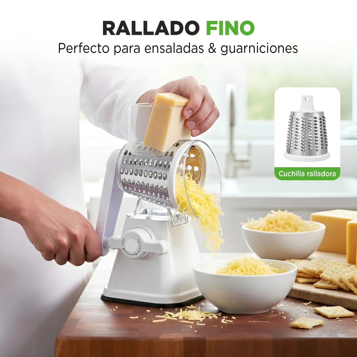 Nutrichef rallador de manivela y desmenuzador de queso 3 en 1, Base de succion fuerte, Mango giratorio con bloqueo de seguridad, Incluye tres cilindros intercambiables: fino, medio y tiras