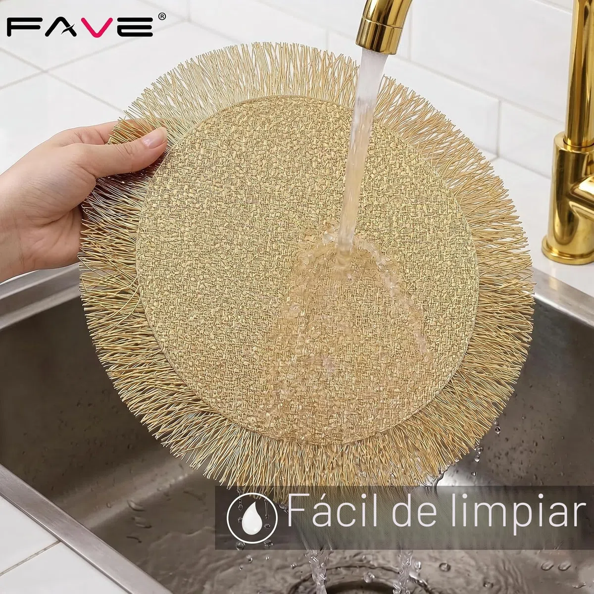 FAVE Juego de 6 manteles individuales redondos de vinilo dorados, lavables y ahuecados con borlas para decoración de mesa, uso diario, decoración de vacaciones (15 pulgadas, 6 piezas)