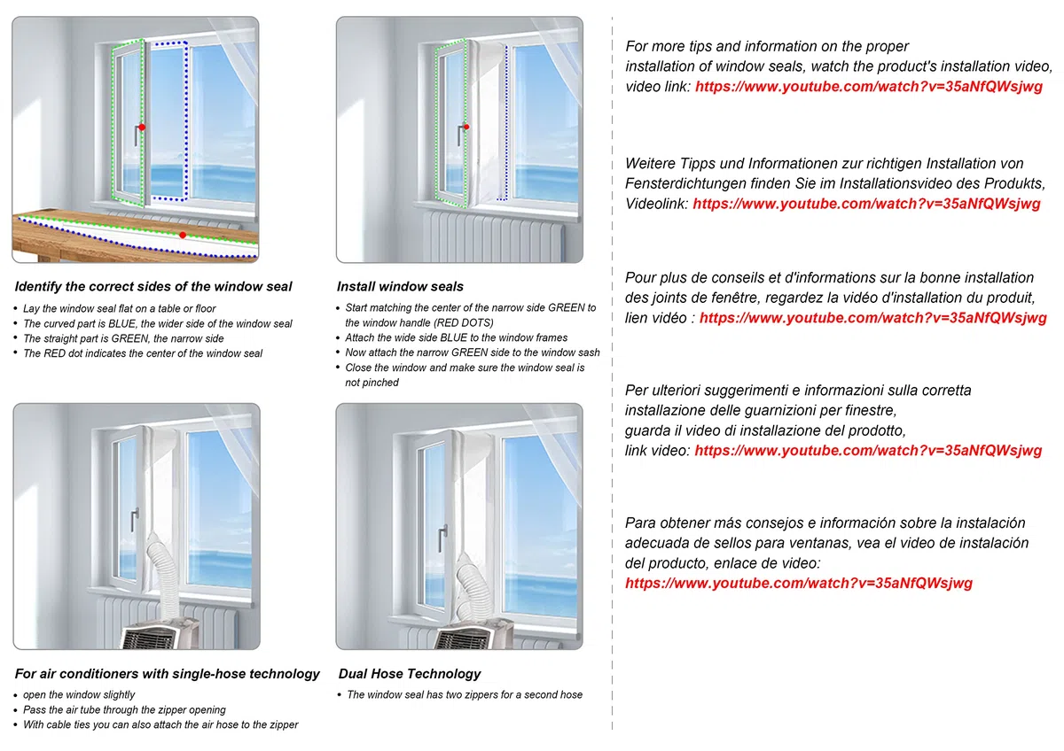 Aislante Ventanas Aire Acondicionado Sello de Ventana 300-560 cm Impermeable, para Secadora y Aire Acondicionado Portátil, Dual Cremallera Aislante Termico Ventanas-Impermeable (3m)