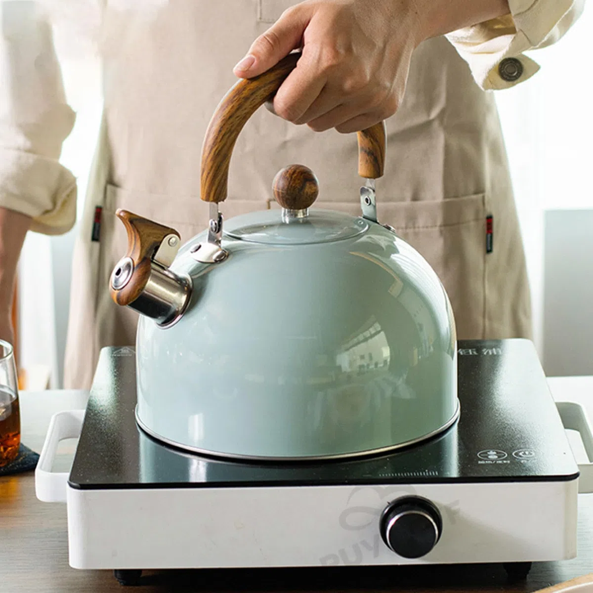 Tetera|Tetera con silbido Mango de Madera Pulida de Acero Inoxidable de Grado alimenticio de 3 litros Olla sin Olor para Cocina de inducción, Verde Claro