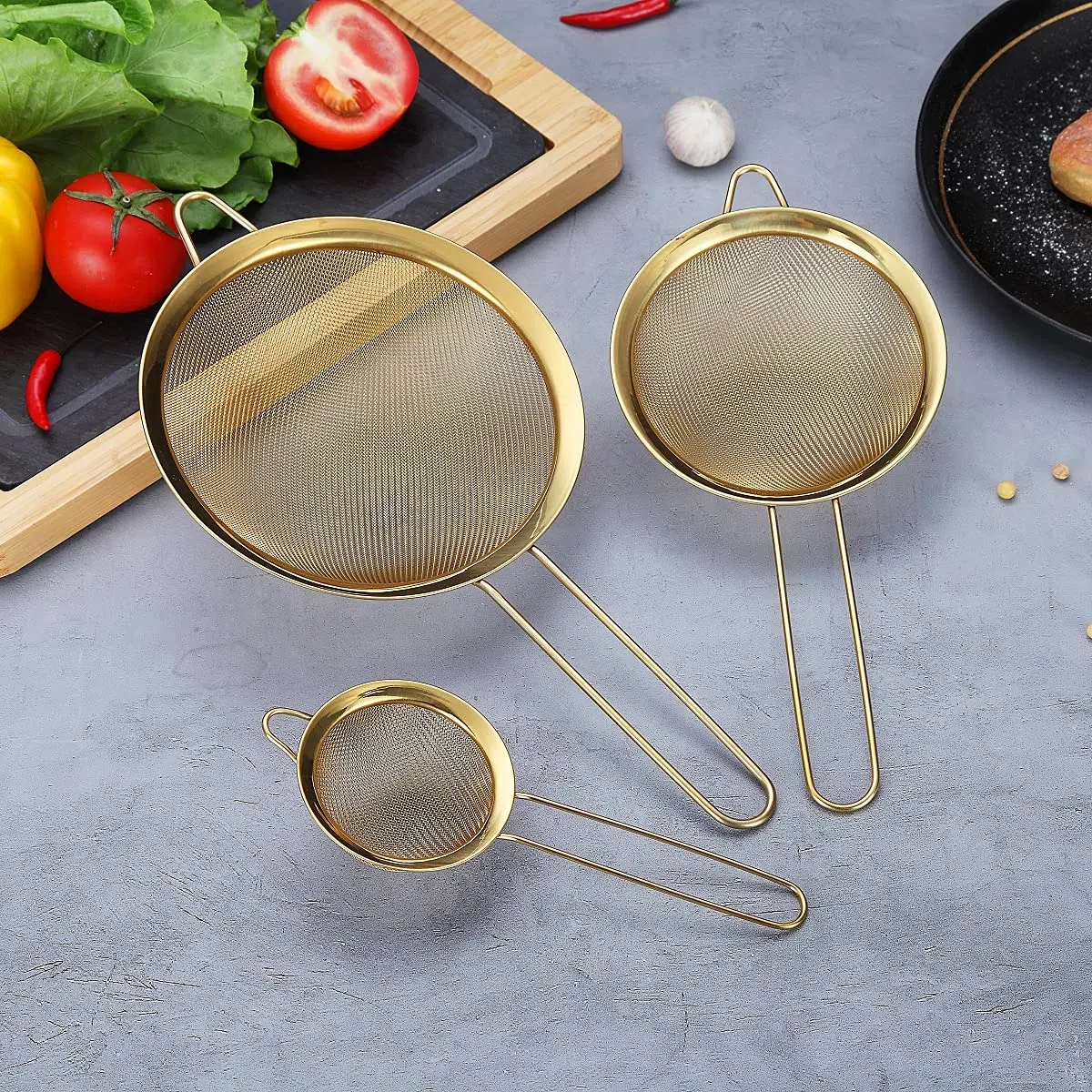 Juego de 3 coladores de malla fina dorada, tamiz de harina dorada para hornear, caldera de acero inoxidable, colador de té matcha dorado, separador de salsa, coladores de pasta