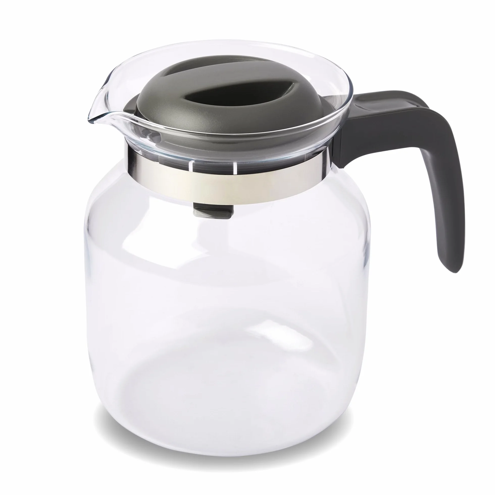 wenco Jarra de cristal de 1,25 l, ideal para té, café y bebidas frías, resistente al calor, con tapa y boquilla de apertura, apta para lavavajillas e irrompible, transparente/gris
