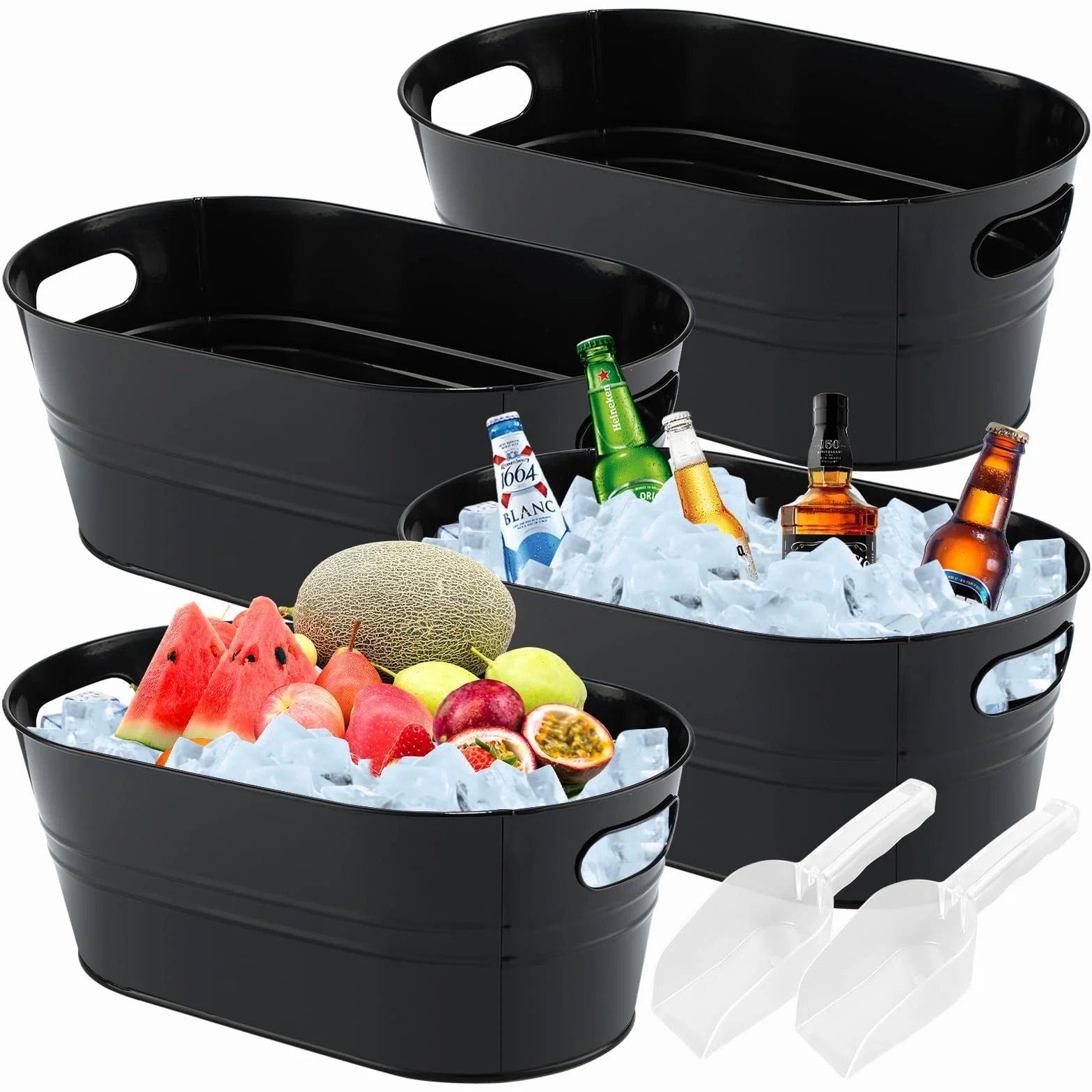 Paquete de 4 cubos de acero galvanizado para bebidas con asas, ideal para fiestas, barbacoas y bares, botellas de refrigeración, latas de cerveza o refrescos