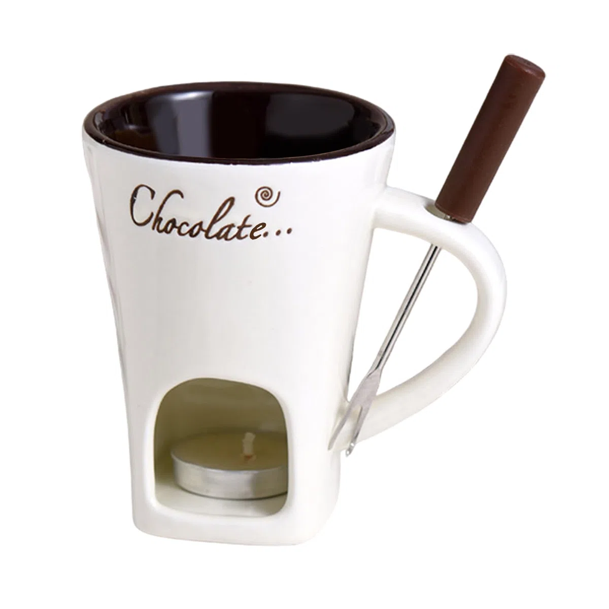 Taza de Fondue de Chocolate 11x8,8x1 2cm Juego de tazas para fondue de chocolate con Vela y Tenedor 200 ml Taza de Cerámica Calientatazas para Fondues Resistente al calor para Queso Mantequilla