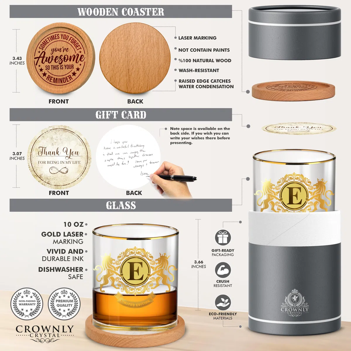 CROWNLY CRYSTAL® Regalo Para Novio Regalos Padre Regalos Para Adolescentes Regalos Originales Para Amigos Regalos Para Mi Novio Vasos Whisky Cristal Regalos Para Hombre Regalos Personalizados (E)