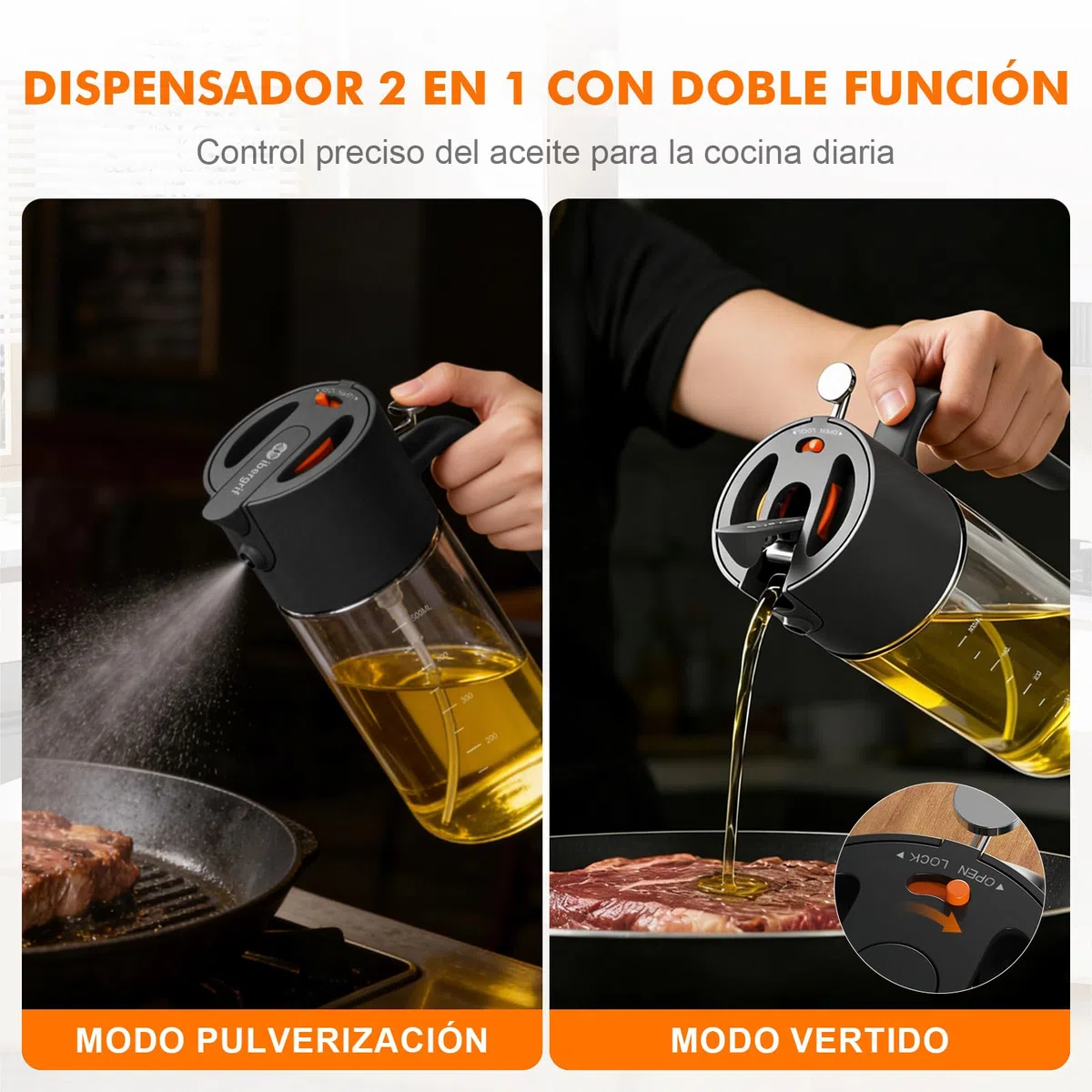 Ibergrif 2 en 1 Pulverizador de aceite 500ml – Rociador de aceite con Escala, Altura 202mm, Aceitera spray de Vidrio de borosilicato, Antigoteo para Freidora de aire, Barbacoa, Ensaladas, Negro, M530B