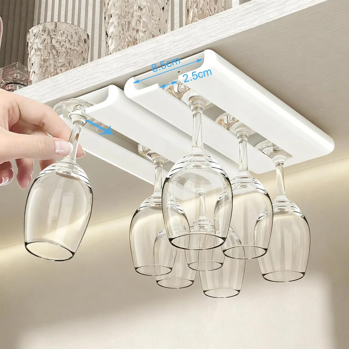 4 Piezas Soporte para Copas de Vino Colgante Colgador Copas Sin Taladrar Estante Copas Vino Debajo Gabinete Estante para Colgar Copas Cuelga Copas para Bar Cocina Restaurante (Blanco)