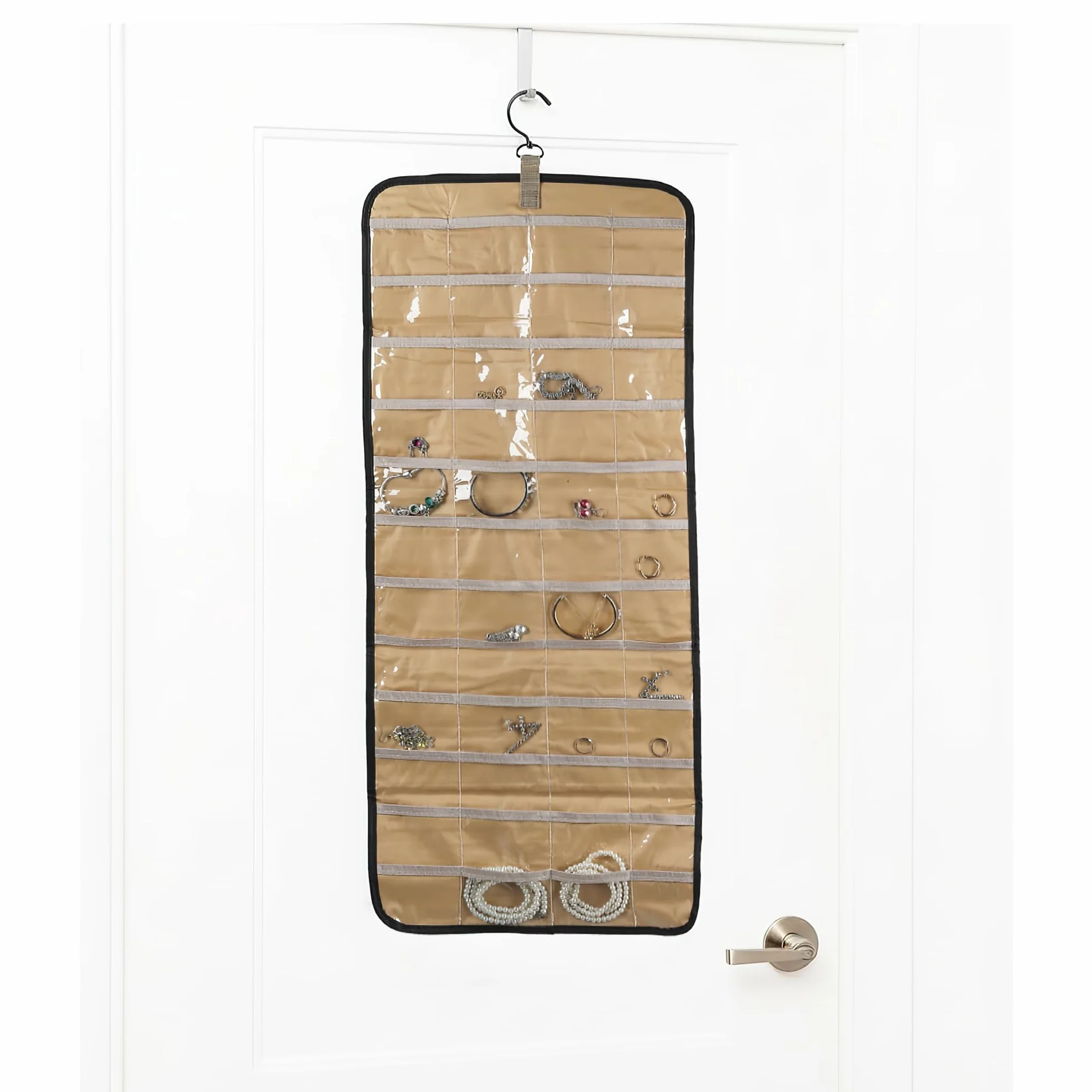 Organizador de Joyas Colgante de Doble Cara con Ganchos de Metal,Almacenamiento a Prueba de Polvo para Pendientes,Collares y Anillos–Joyero Colgante para Armario,Pared o Puerta (Negro,1 Pieza)