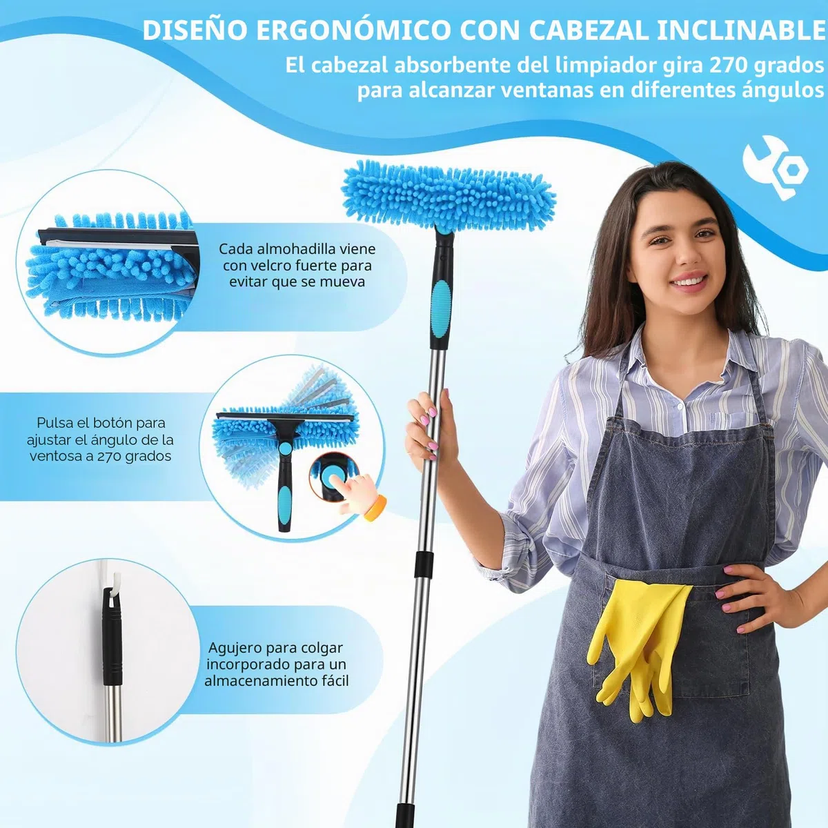 2 en 1 Profesional Raclette Vitre, Kit de Limpieza de Cristales con Manche Télescopique de 240 cm, Limpiacristales telescópico con Tête Flexible para Ventanas Altas de Interior, Azul