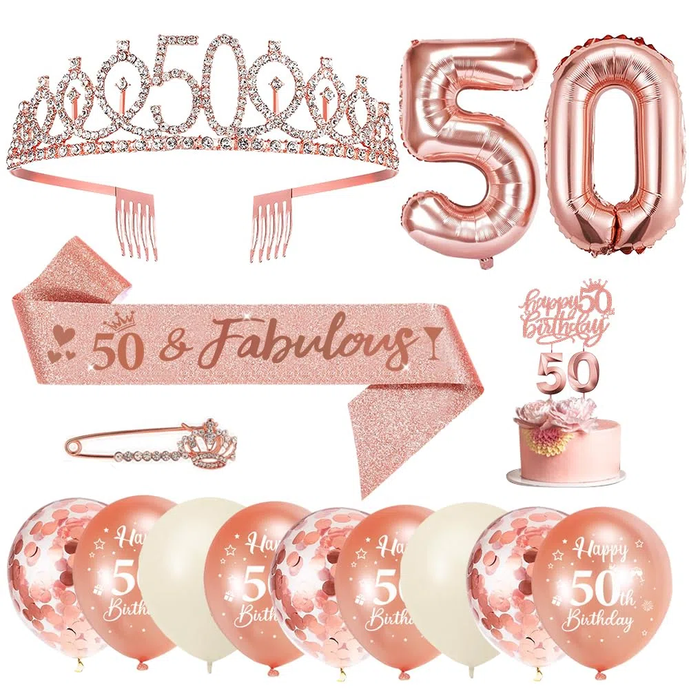 50 Años Corona Banda Mujer Tiara y Faja de Oro Rosa, Globos, Velas Números 50, Topper de Tarta, Decoración Fiesta Cumpleaños